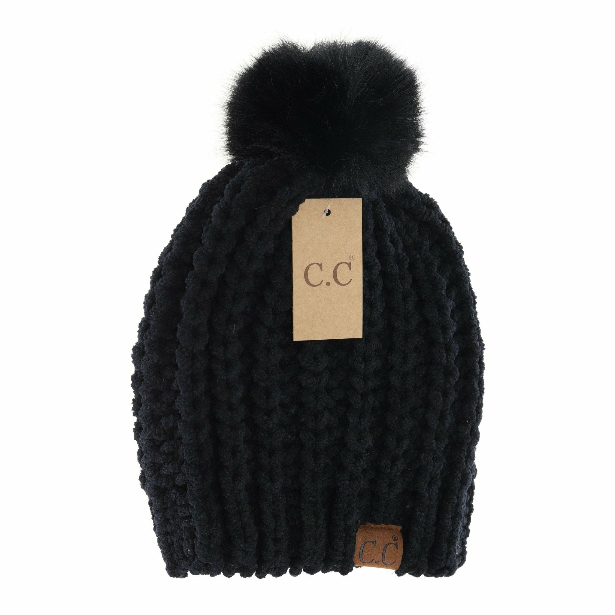 Chenille Chunky Knit Faux Fur Pom-Black