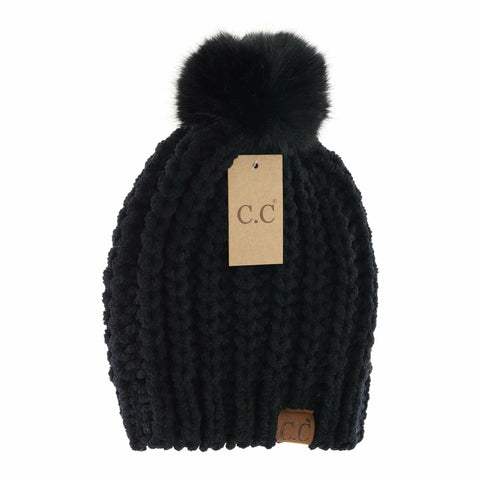 Chenille Chunky Knit Faux Fur Pom-Black