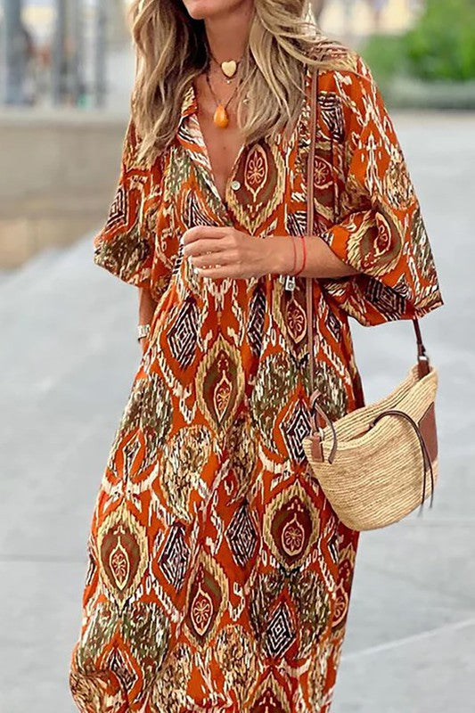 Orange Multi Colored Aztec Design Midi Dress - Hope Boutique Shop