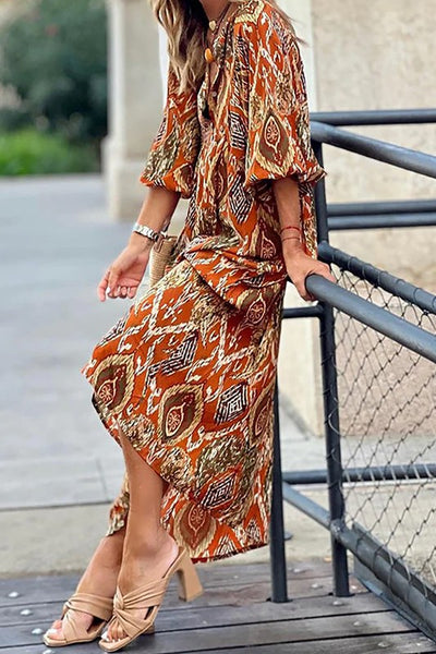 Orange Multi Colored Aztec Design Midi Dress - Hope Boutique Shop