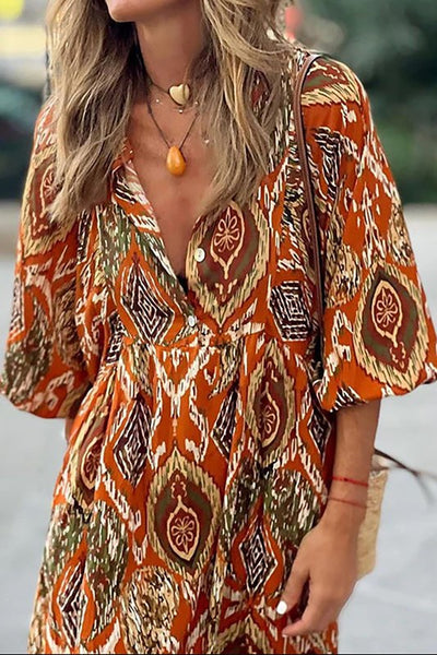 Orange Multi Colored Aztec Design Midi Dress - Hope Boutique Shop