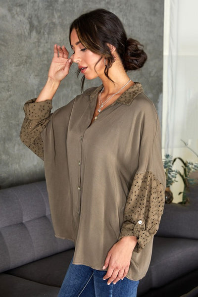 Mocha Crochet Sleeve Buttoned Down - Hope Boutique Shop