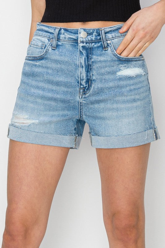 High Rise Cuffed Denim Shorts