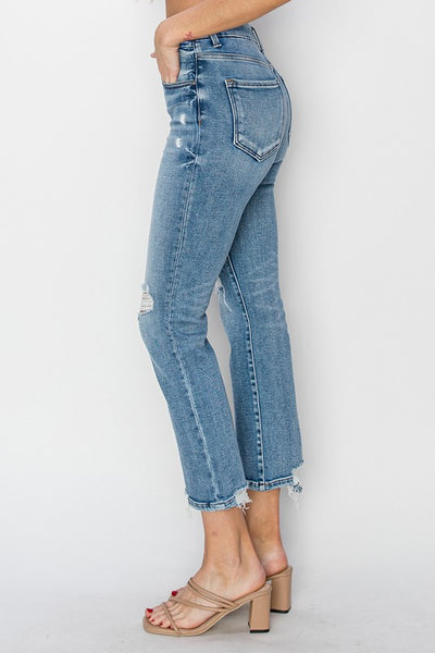 High Rise Distressed Straight Jeans