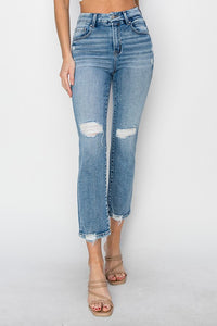 High Rise Distressed Straight Jeans