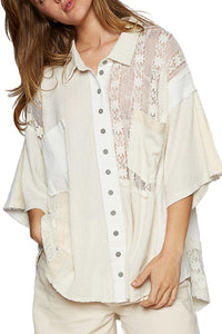 Short Sleeve Lace Button Top