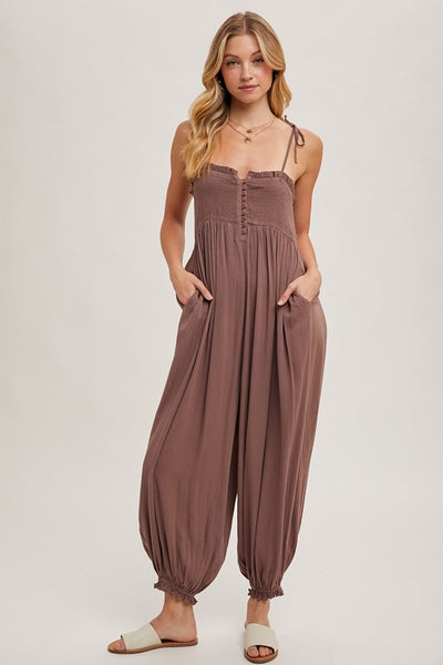 Gauze Smocked Shoulder Tie Jumpsuit - Hope Boutique Shop