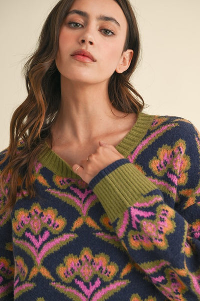 Floral Round Neck Knit Sweater - Hope Boutique Shop