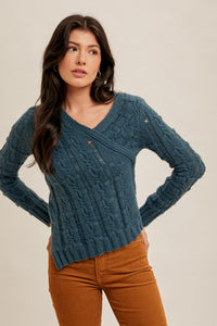 Teal Asymmetrical V-Neck Sweater