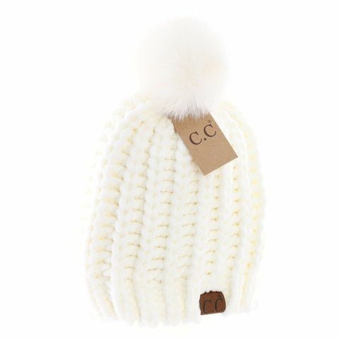 Chenille Chunky Knit Faux Fur Pom-Ivory