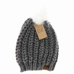 Chenille Chunky Knit Faux Fur Pom-Lt. Grey