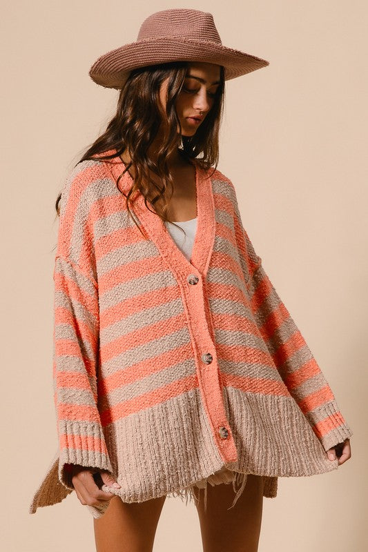 Oversized Striped V Neck Cardigan