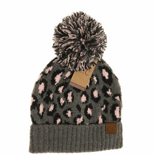 Leopard Boucle Knit Pom Beanie -Lt. Grey